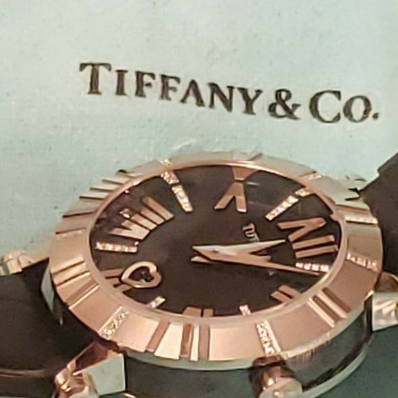 Ladies Tiffany & Co ATLAS WATCH 14K White Gold Diamonds Black Leather Band main image 5